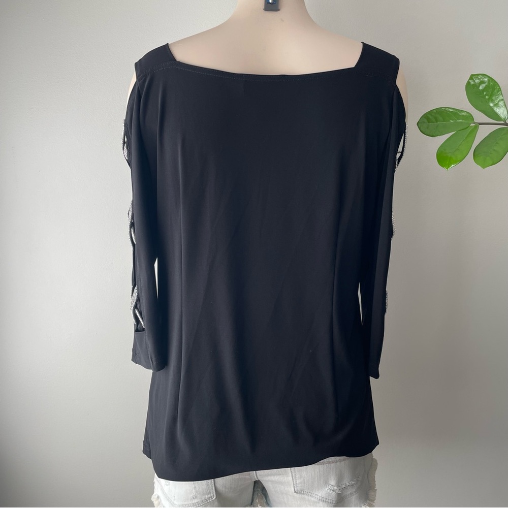 Joseph Ribkoff Cold Shoulder Rhinestone Sleeve Blouse Shirt Top Black Silver - Picture 3 of 8